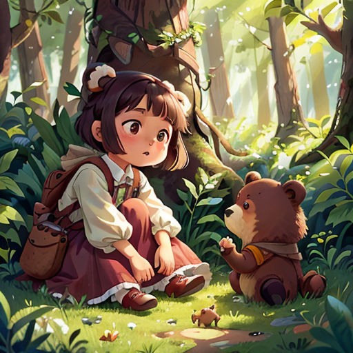 a girl sitting in the woods with a teddy bear next to her, and a bear cub sitting on the ground
