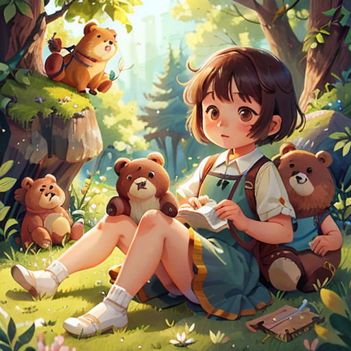 a girl sitting in the grass with teddy bears in front of her and a bear cub sitting on the ground