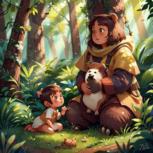 a woman and a child in the woods with a bear and a dog in their lap, with a forest background
