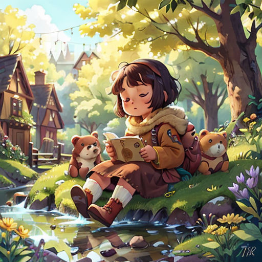 a girl sitting on a rock reading a book with two bears nearby in a forest with a stream and houses
