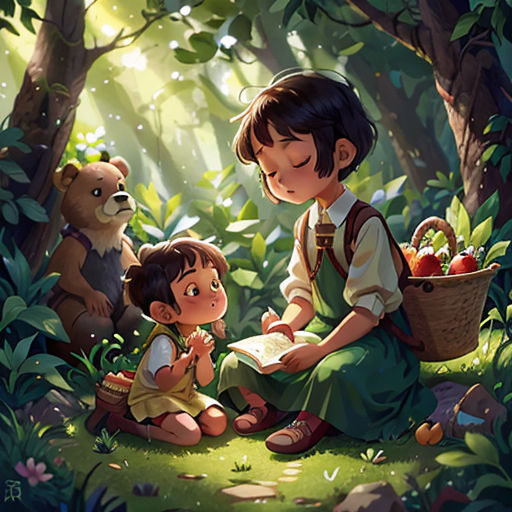 a little girl sitting on the ground next to a bear in the forest with a basket of fruit in her hand