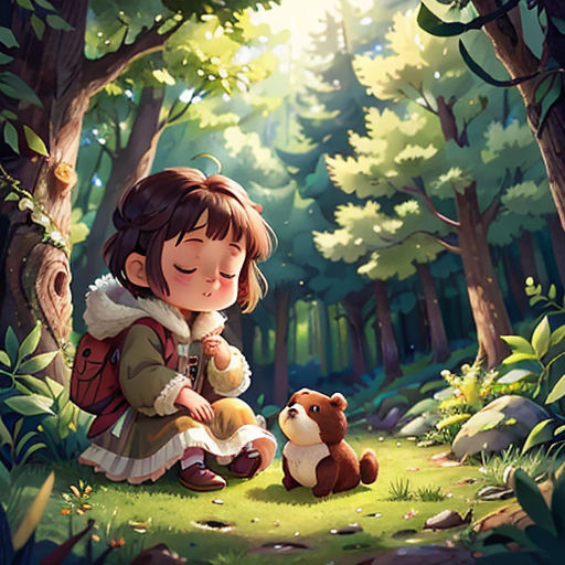 a little girl sitting in the woods with a teddy bear next to her, and a forest scene behind her