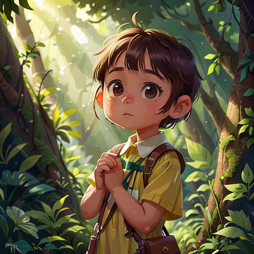 a young girl standing in the middle of a forest with a brown bag on her shoulder and a green background