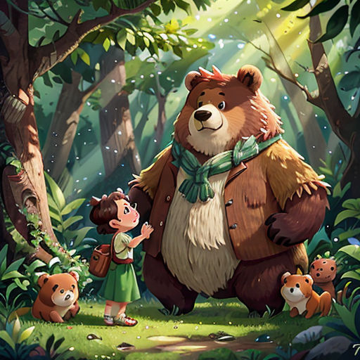 a bear and two children in a forest with trees and leaves, and a bear holding a girl's hand