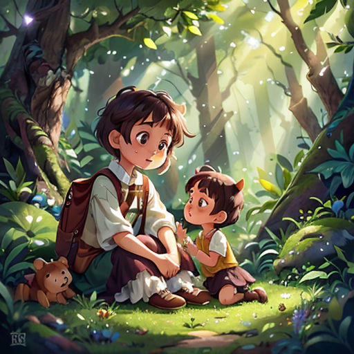 a boy and a girl sitting in the woods with a bear and a bear cub on their lap,
