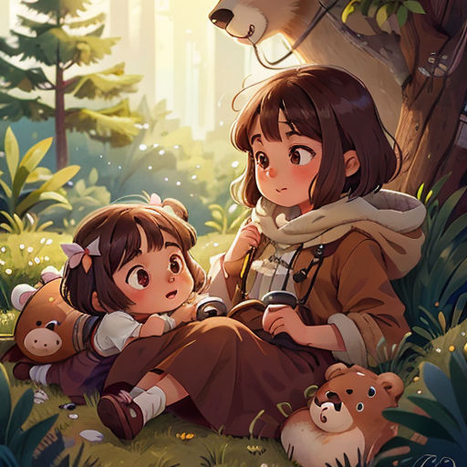 a couple of people sitting in the grass near a bear and a tree with a bear on it's back