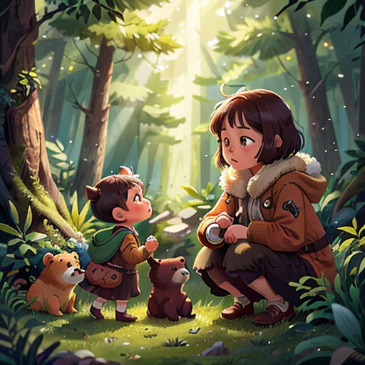 a girl and two bears in the woods with sunlight shining through the trees behind them and a boy holding a teddy bear