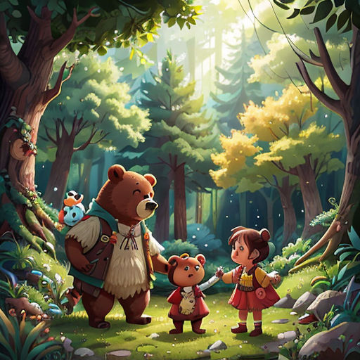 a bear and two children in a forest with trees and rocks, and a bear holding hands with a girl