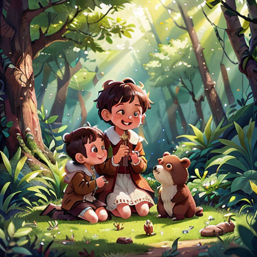 a boy and girl sitting in the woods with a bear and a bear cub in front of them,