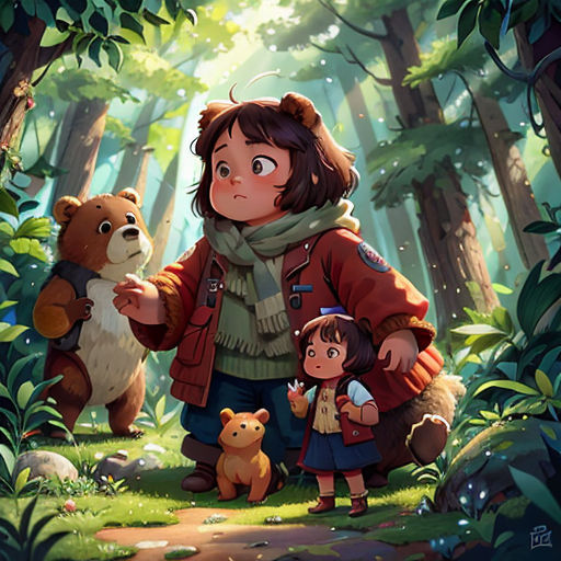a woman and a child standing in the woods with a bear and bear cub in front of them,