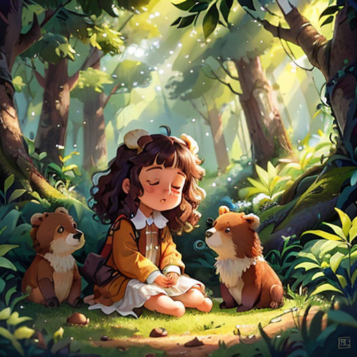 a girl sitting on the ground next to two bears in a forest with trees and grass around her, with a forest background