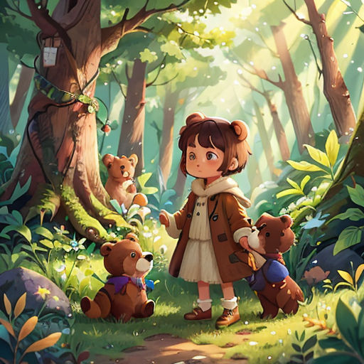 a girl standing in the woods with her teddy bears and a bird on her shoulder, with a forest background