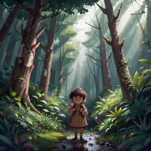 a girl standing in the middle of a forest with a backpack on her shoulder and a forest scene in the background