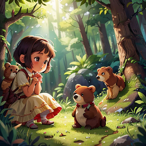 a girl sitting in the woods with her teddy bears and a bear cub in front of her, with the sun shining through the trees