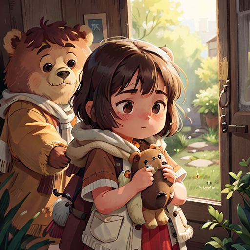 a girl holding a teddy bear next to a bear cub in a doorway with a window open and a teddy bear