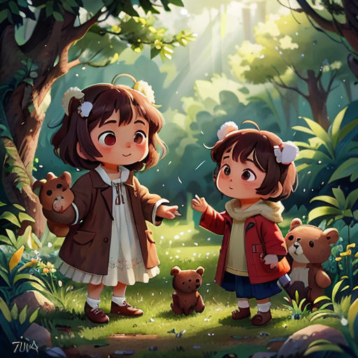 two little girls standing in the woods with teddy bears and a bear cub in front of them, one of them is holding the other hand
