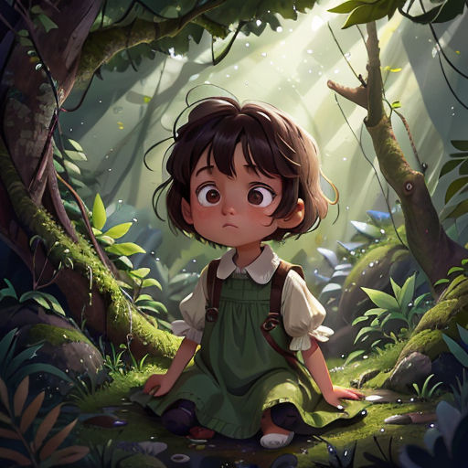 a little girl sitting in the middle of a forest with a bird on her shoulder and a bird on her shoulder