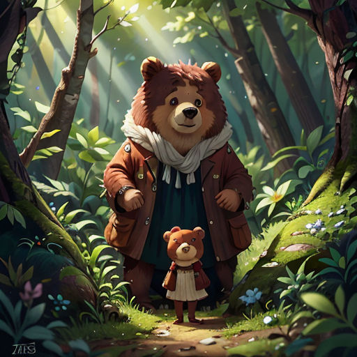 a bear and a girl in a forest with trees and flowers on the ground, and a bear in a coat