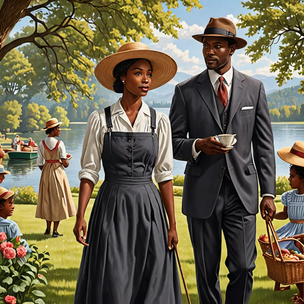 a painting of a man and woman in a park with children in the background and a man holding a bowl of food, harlem renaissance, a detailed painting, F Scott Hess, highly detailed digital painting