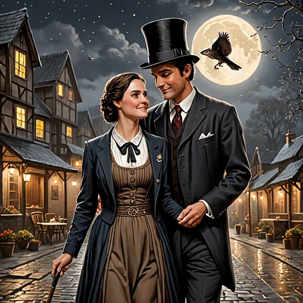 a painting of a man and woman in a victorian era dress and top hat walking down a cobblestone street, magic realism, a detailed matte painting, Brad Kunkle, kinkade