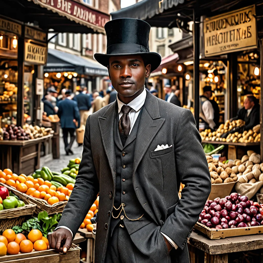 a man in a suit and top hat standing in front of a fruit stand in a city street market, harlem renaissance, a character portrait, Derold Page, promotional image