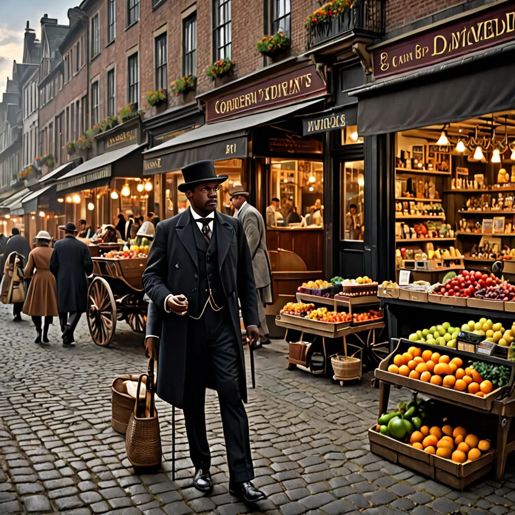 a man in a suit and hat is walking down a street with a bag of fruit in front of a store, harlem renaissance, a detailed matte painting, Derold Page, cinematic photography