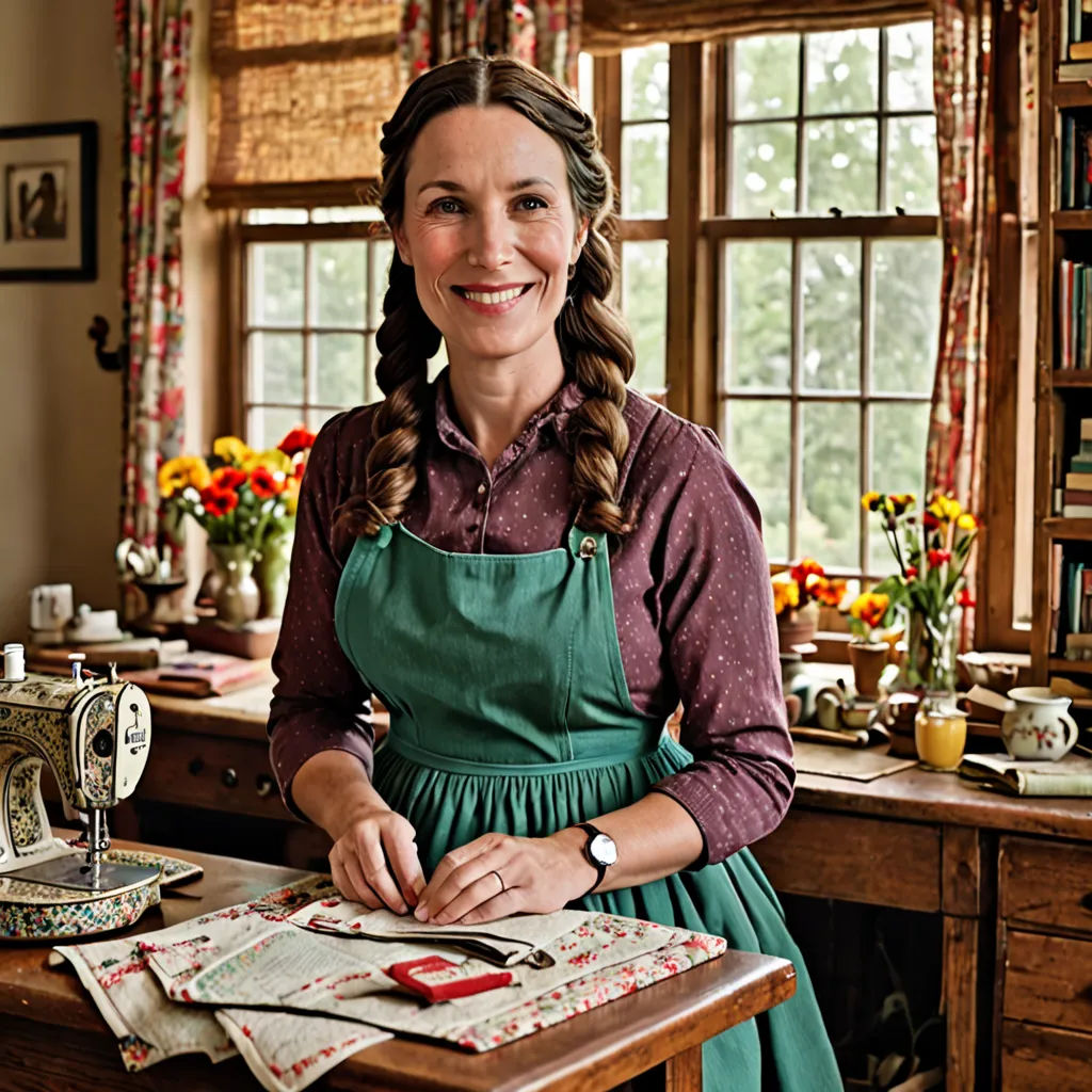 a woman in a green apron is smiling at the camera while working on a sewing machine in a room with a window, arts and crafts movement, a cross stitch, Anne Said, promotional image
