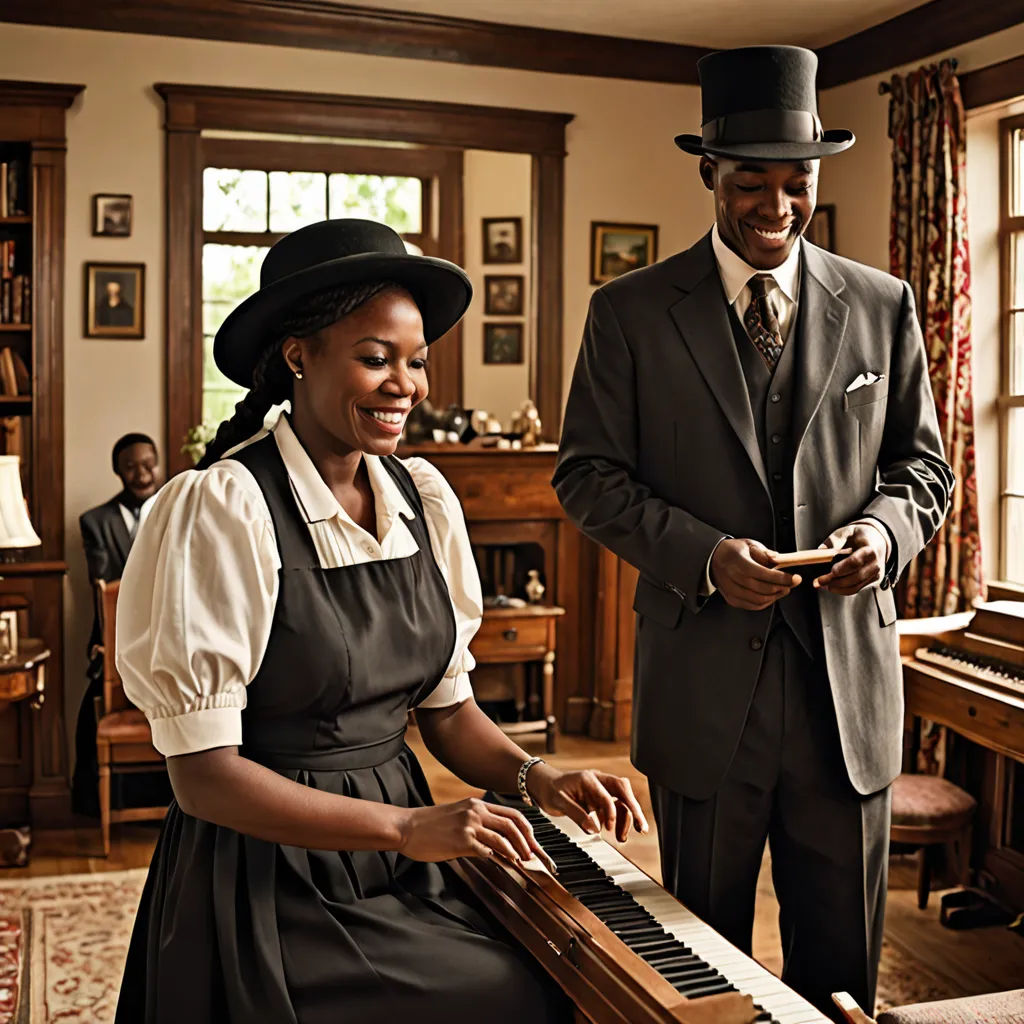 a man and woman in a suit and hat playing a piano in a living room with a piano in front of them, harlem renaissance, a colorized photo, Carrie Mae Weems, promotional image
