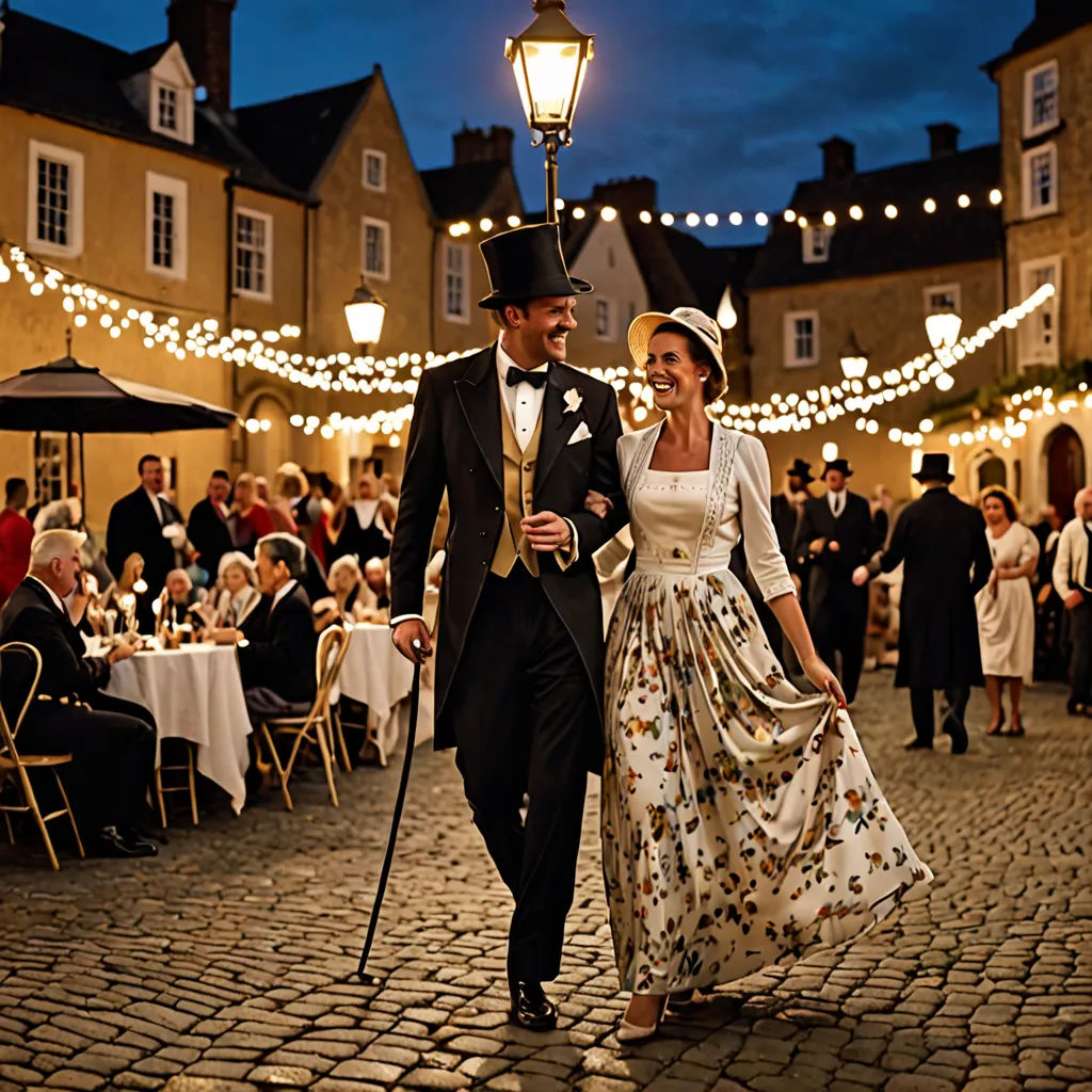 a man and woman dressed in formal wear walking through a courtyard at night with string lights strung across the buildings, arts and crafts movement, a stock photo, David Annand, promotional image