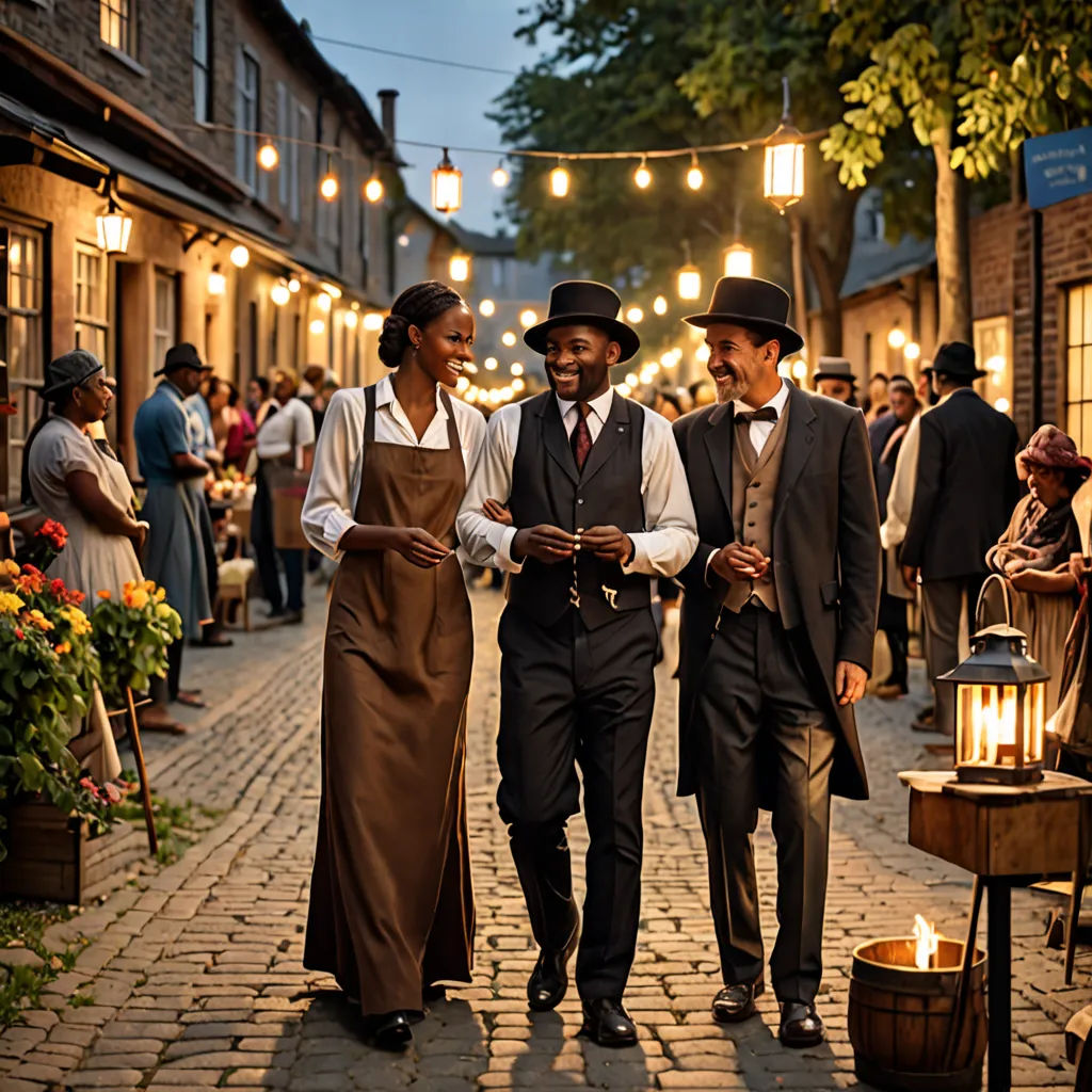 a man and woman walking down a street holding hands and smiling at each other with a crowd of people in the background, harlem renaissance, a colorized photo, Bourgeois, promotional image