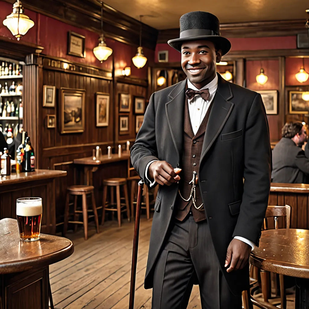 a man in a suit and hat standing in a bar with a cane and a cane in his hand, arts and crafts movement, a character portrait, Cassius Marcellus Coolidge, steampunk