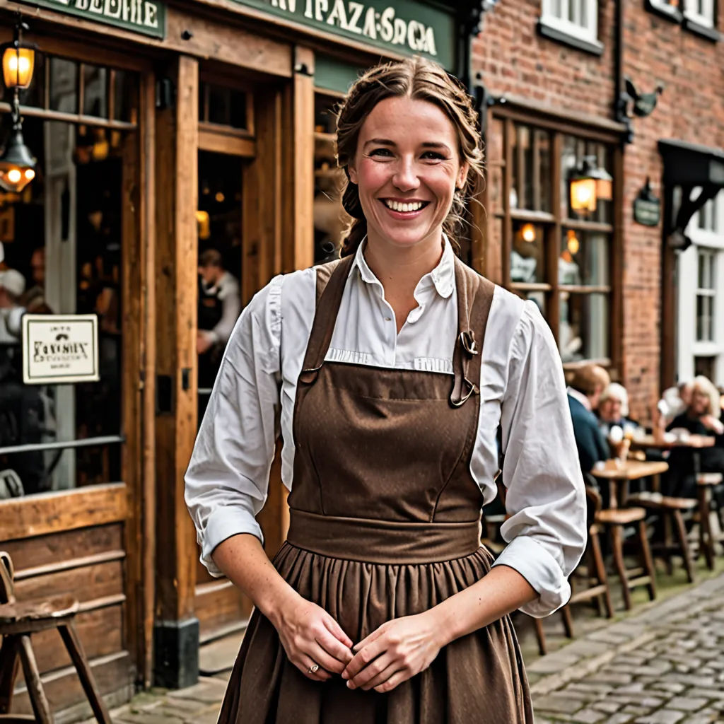 a woman in a brown apron standing in front of a restaurant with a brick sidewalk and tables in front of it, arts and crafts movement, a character portrait, Christen Dalsgaard, promotional image