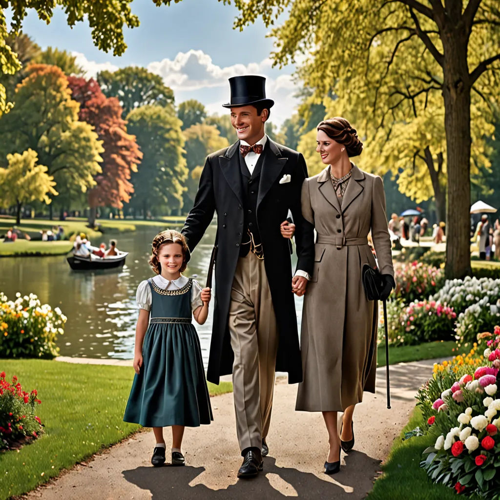 a man and woman walking with a child in a park with a boat in the background and a man in a top hat and a suit and tie, german romanticism, a detailed matte painting, Carel Willink, promotional image