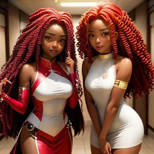 two women in white and red outfits standing next to each other in a hallway with a hallway way behind them