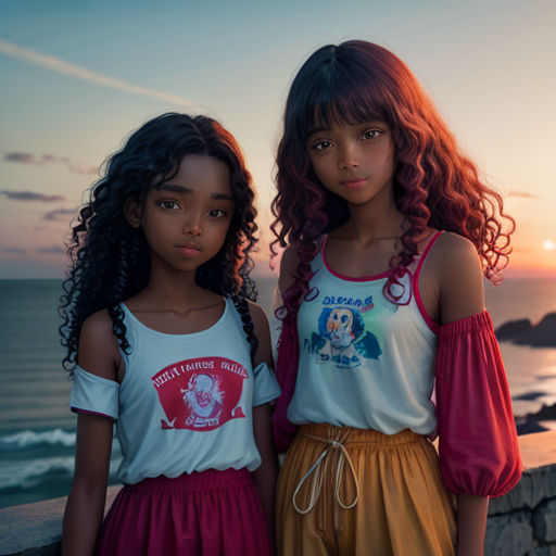 two girls standing next to each other near the ocean at sunset or sunrise time, with the sun setting behind them