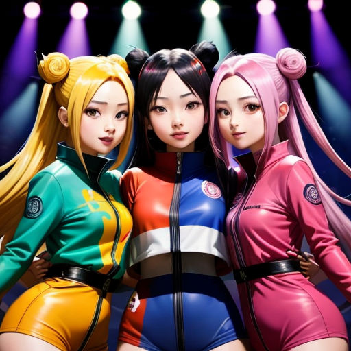 three anime girls standing next to each other on stage with lights behind them and a spotlight behind them that is brightly colored