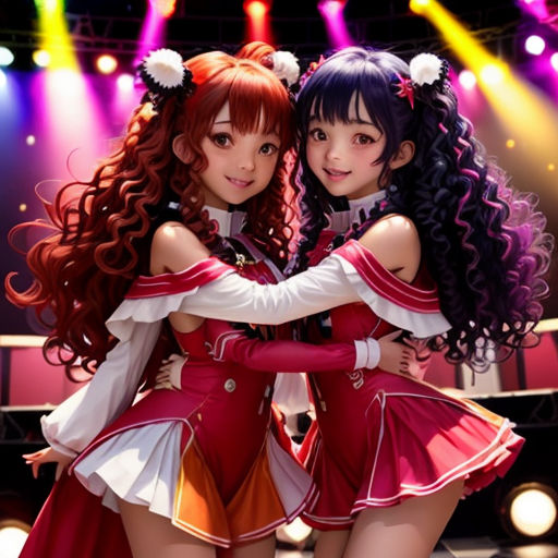 two anime girls hugging each other on stage with lights behind them and a stage behind them with lights behind them