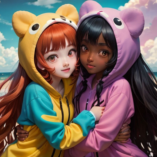 two girls hugging each other in front of a painting of a beach and sky with clouds in the background