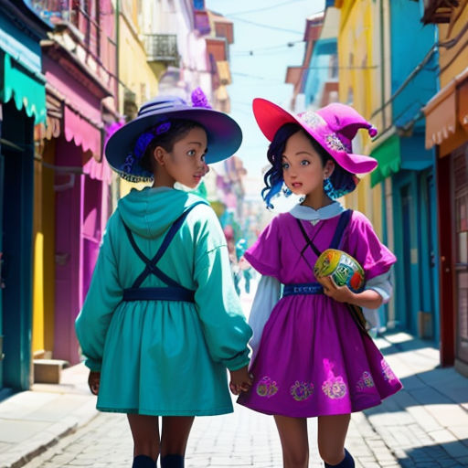 two little girls in colorful dresses and hats walking down a street together, one holding a ball and the other holding a basket