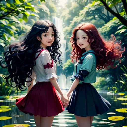 two girls standing next to each other in a forest with lily pads on the ground and a waterfall in the background