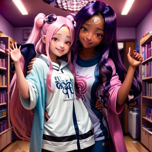 two girls are standing in a library together and posing for a picture together with their hair in the air