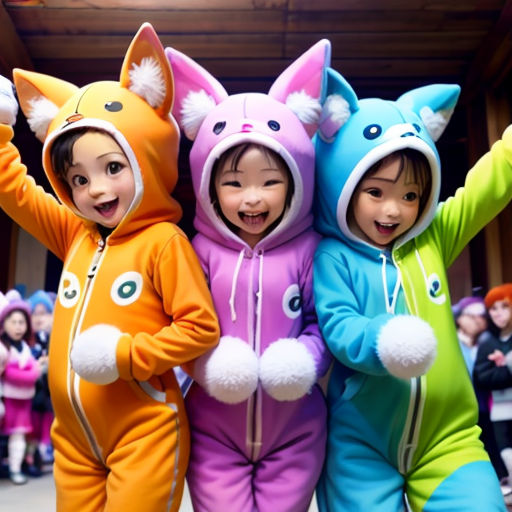 three children in colorful costumes standing next to each other in front of a crowd of people wearing costumes that look like animals