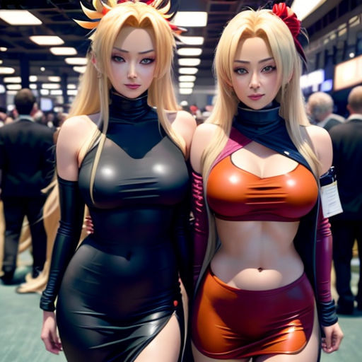 two women in costumes standing next to each other in a room with people in the background and a sign that says,