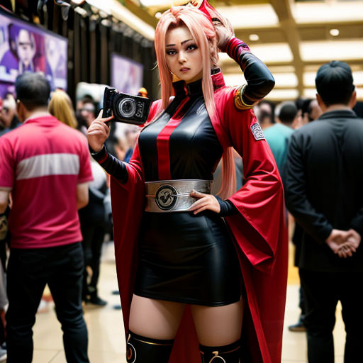 a woman dressed in a costume holding a camera in a crowded area of a mall with people walking around