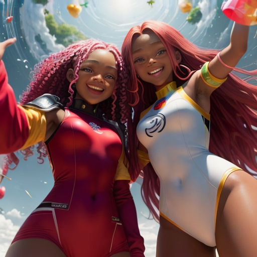two women in bodysuits standing next to each other in front of a sky background with clouds and stars