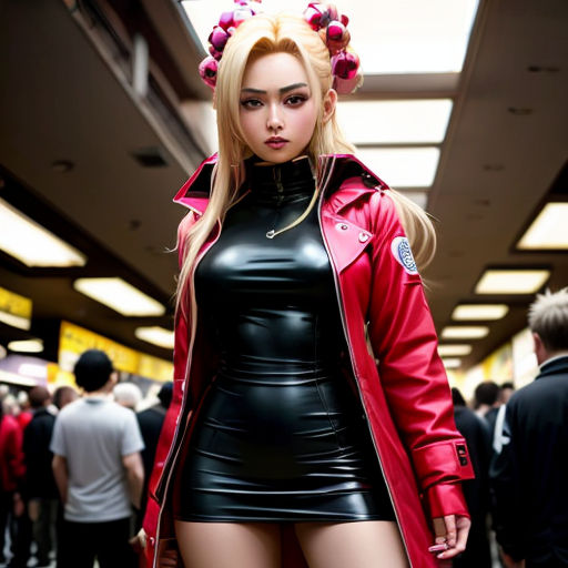 a woman in a leather outfit and a red jacket is standing in a hallway with other people in the background