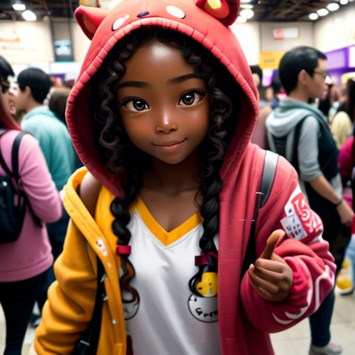 a young girl in a red hoodie and a hello kitty sweatshirt is standing in a crowded area with other people