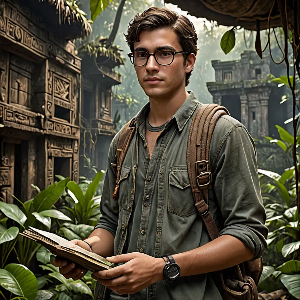 a man in glasses holding a book in a jungle setting with a jungle background and a building in the background, sumatraism, a character portrait, Adam Paquette, promotional image