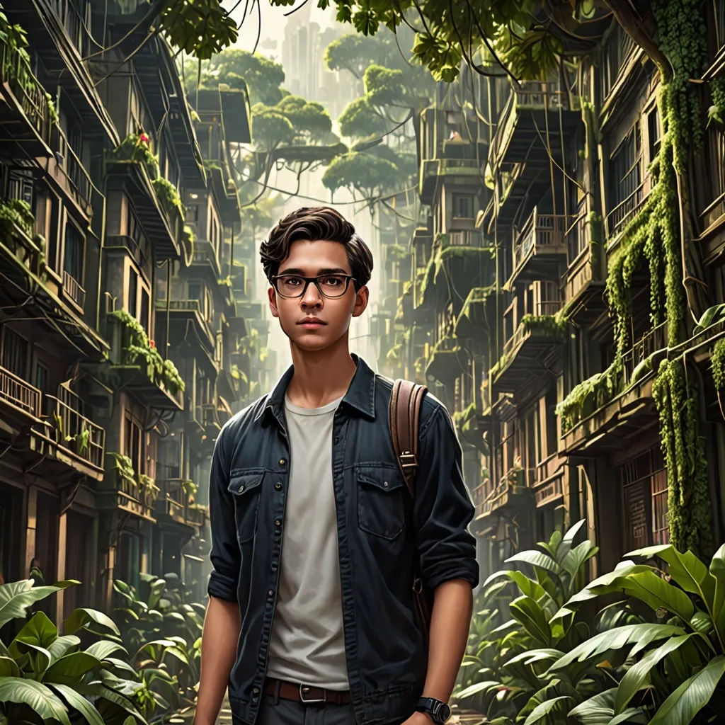 a man standing in a narrow alley with a backpack on his shoulder and a backpack on his shoulder, in front of a city with lots of plants, photorealism, a detailed matte painting, Chris LaBrooy, promotional image