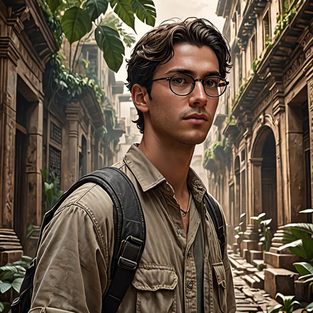 a man with a backpack is standing in a narrow alleyway with a building in the background and a tree in the foreground, photorealism, a photorealistic painting, David Park, cinematic photography